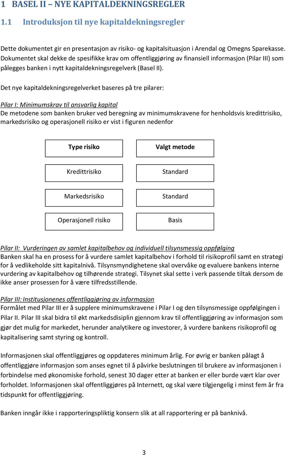 Det nye kapitaldekningsregelverket baseres på tre pilarer: Pilar I: Minimumskrav til ansvarlig kapital De metodene som banken bruker ved beregning av minimumskravene for henholdsvis kredittrisiko,