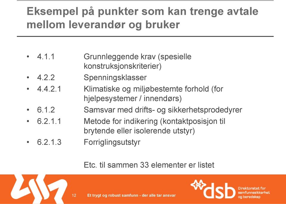 2 Spenningsklasser 4.4.2.1 Klimatiske og miljøbestemte forhold (for hjelpesystemer / innendørs) 6.1.2 Samsvar med drifts- og sikkerhetsprodedyrer 6.