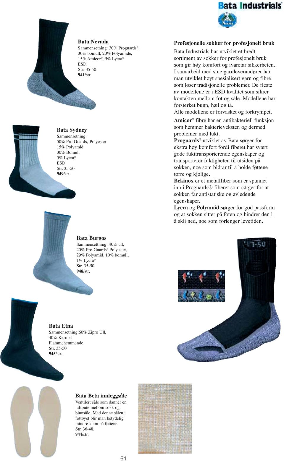 Profesjonelle sokker for profesjonelt bruk Bata Industrials har utviklet et bredt sortiment av sokker for profesjonelt bruk som gir høy komfort og ivaretar sikkerheten.
