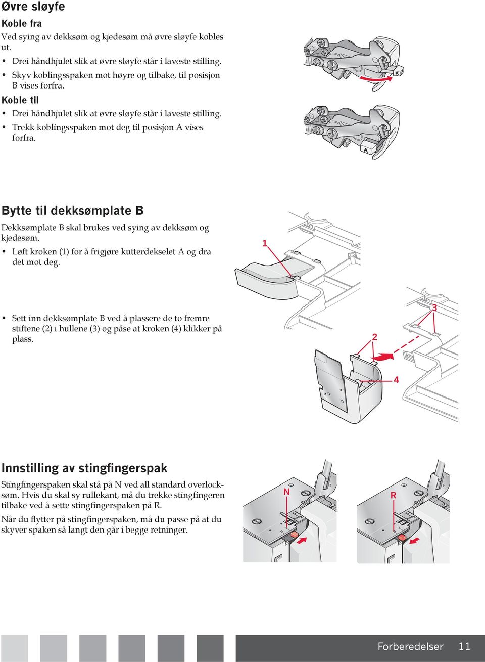 B A Bytte til dekksømplate B Dekksømplate B skal brukes ved sying av dekksøm og kjedesøm. Løft kroken () for å frigjøre kutterdekselet A og dra det mot deg.