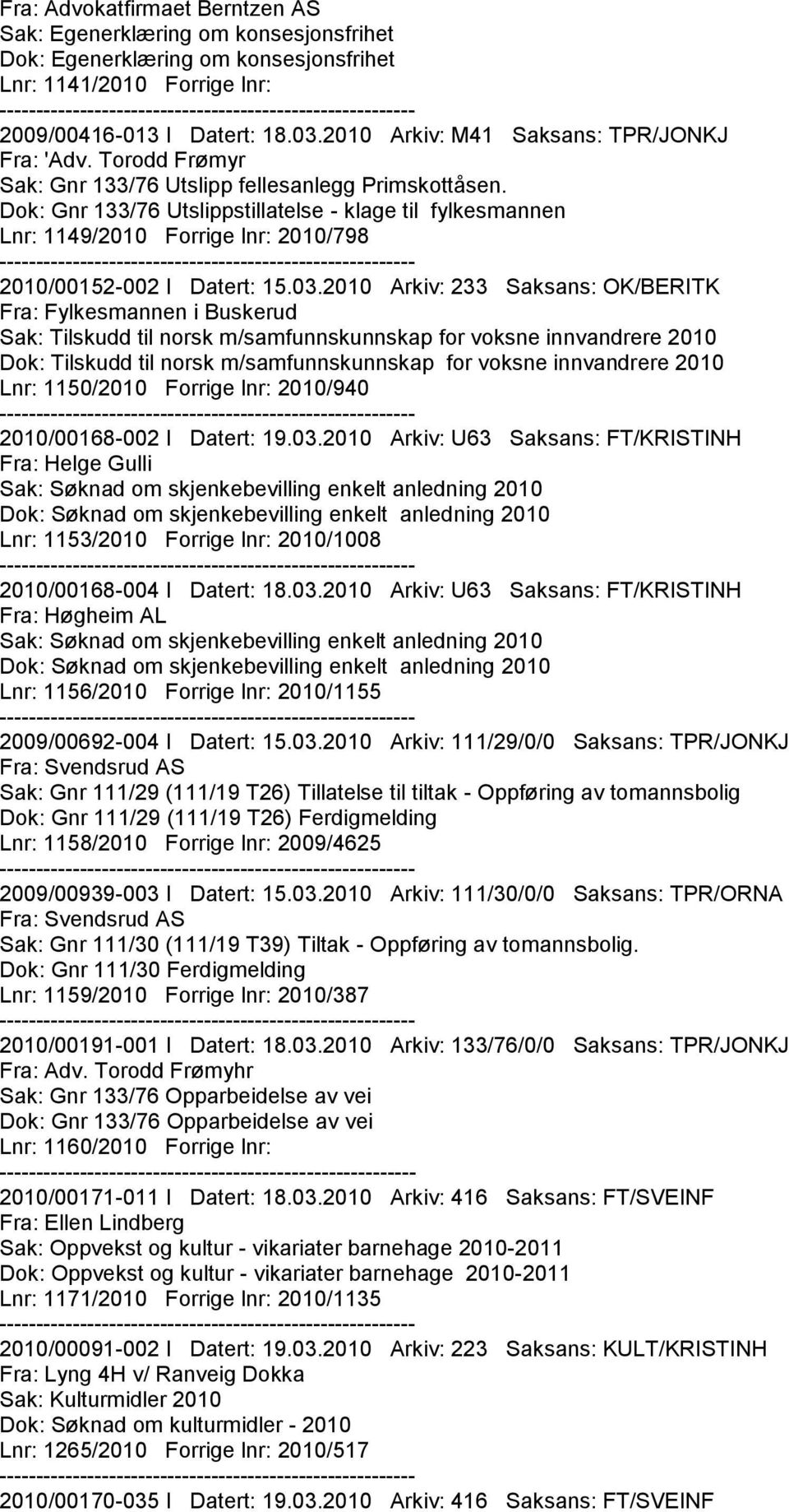 Dok: Gnr 133/76 Utslippstillatelse - klage til fylkesmannen Lnr: 1149/2010 Forrige lnr: 2010/798 2010/00152-002 I Datert: 15.03.