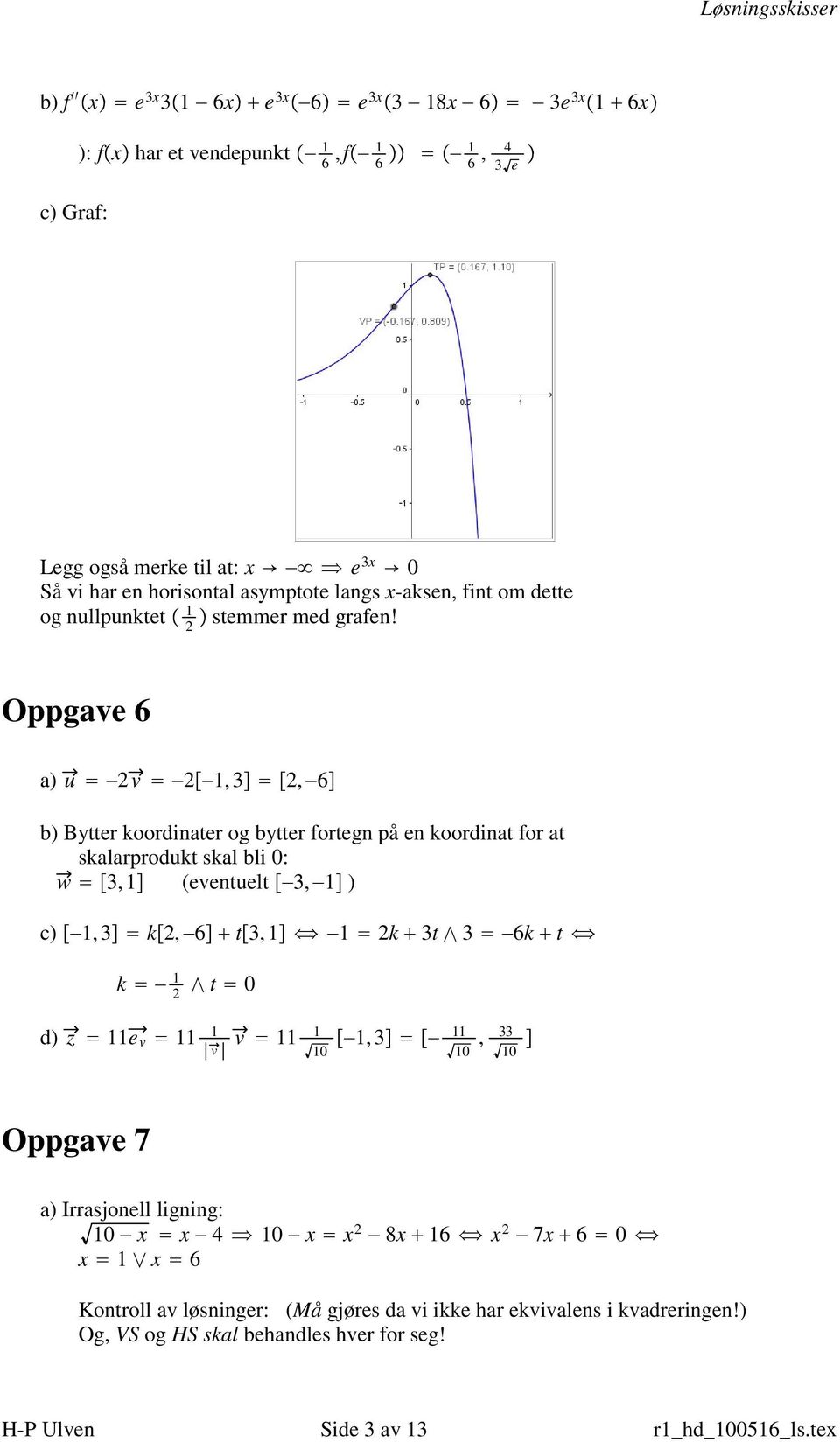 Oppgave 6 u v 1, 3, 6 Bytter koordinater og bytter fortegn på en koordinat for at skalarprodukt skal bli 0: w 3, 1 (eventuelt 3, 1 ) c) 1, 3 k, 6 t 3, 1 1 k 3t 3 6k t k 1