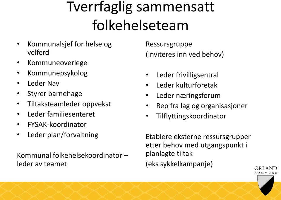 teamet Ressursgruppe (inviteres inn ved behov) Leder frivilligsentral Leder kulturforetak Leder næringsforum Rep fra lag og