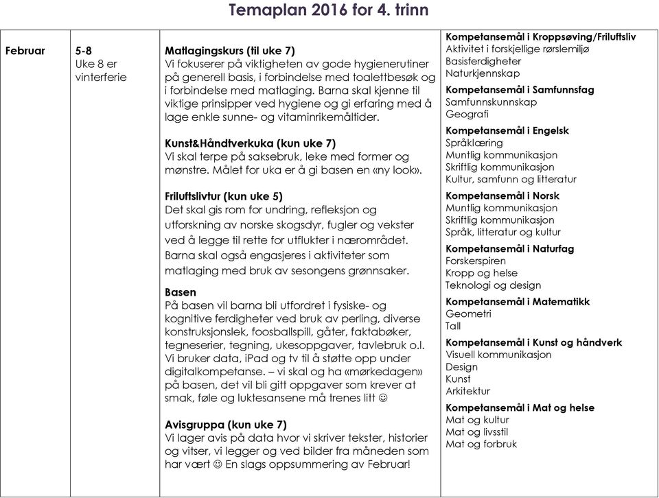 Barna skal kjenne til viktige prinsipper ved hygiene og gi erfaring med å lage enkle sunne- og vitaminrikemåltider. &Håndtverkuka (kun uke 7) Vi skal terpe på saksebruk, leke med former og mønstre.