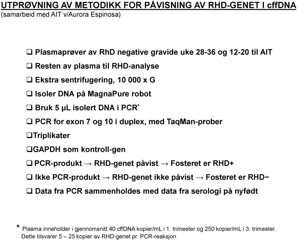 Triplikater GAPDH som kontroll-gen PCR-produkt RHD-genet påvist Fosteret er RHD+ Ikke PCR-produkt RHD-genet ikke påvist Fosteret er RHD Data fra PCR sammenholdes med data
