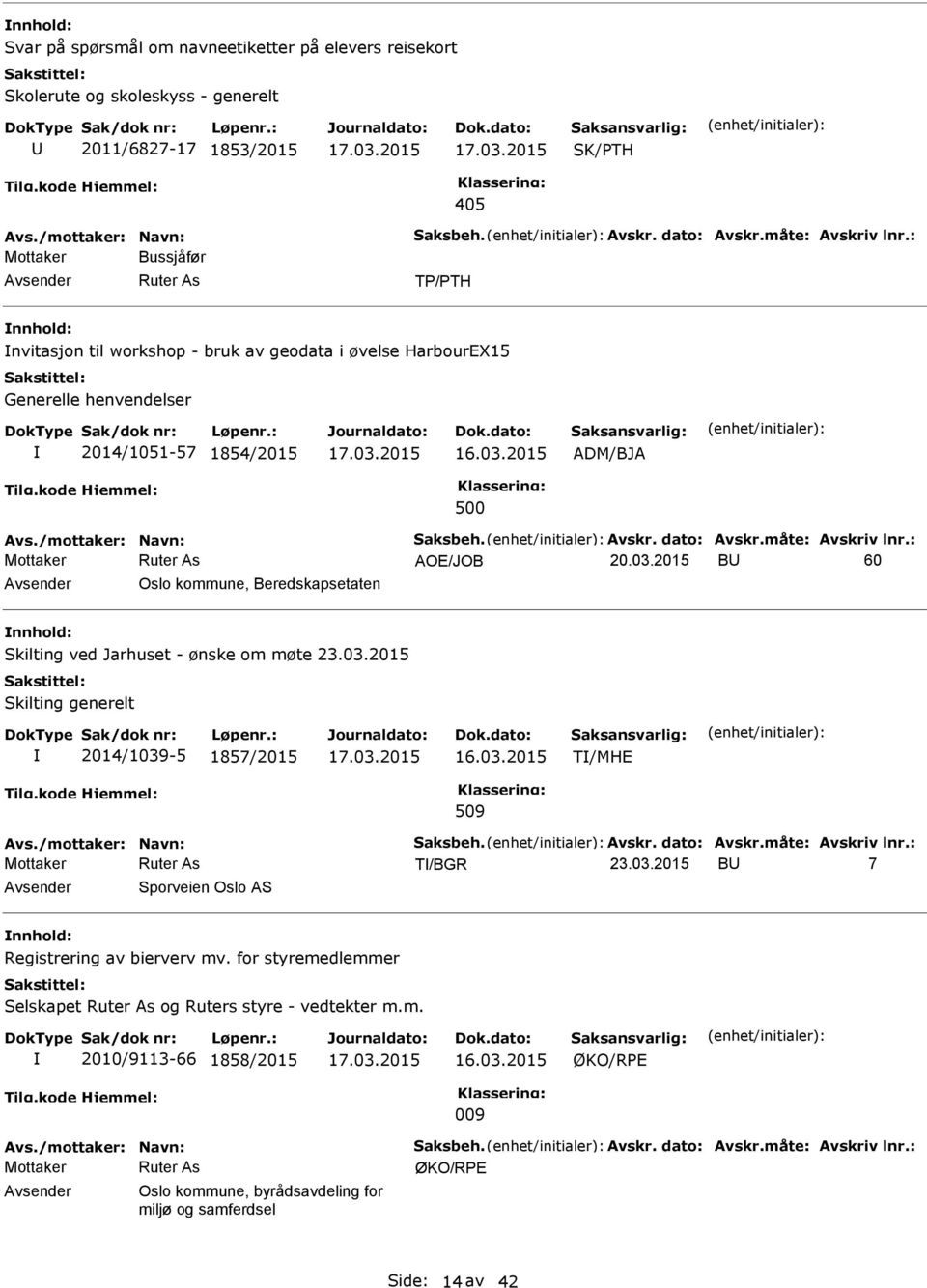 måte: Avskriv lnr.: AOE/JOB B 60 Oslo kommune, Beredskapsetaten Skilting ved Jarhuset - ønske om møte 23.03.2015 Skilting generelt 2014/1039-5 1857/2015 T/MHE 509 Avs./mottaker: Navn: Saksbeh. Avskr. dato: Avskr.