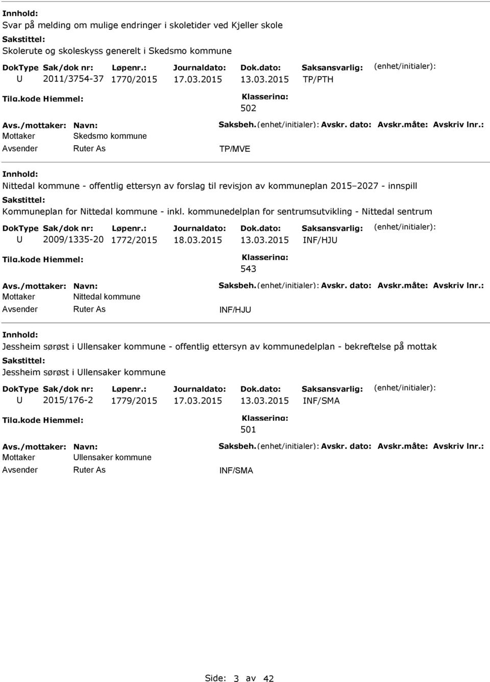 kommunedelplan for sentrumsutvikling - Nittedal sentrum 2009/1335-20 1772/2015 13.03.2015 NF/HJ 543 Avs./mottaker: Navn: Saksbeh. Avskr. dato: Avskr.måte: Avskriv lnr.