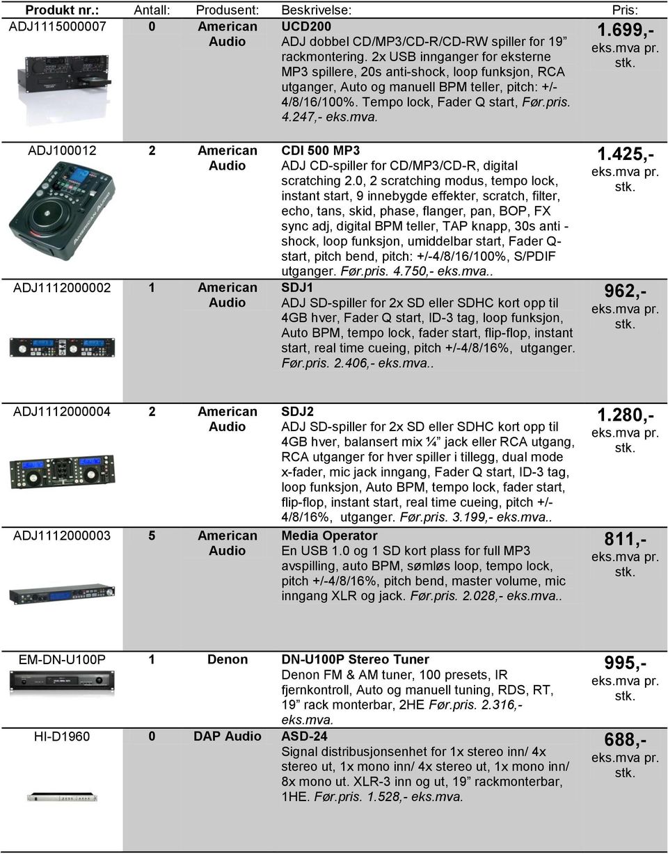 699,- ADJ100012 2 American ADJ1112000002 1 American CDI 500 MP3 ADJ CD-spiller for CD/MP3/CD-R, digital scratching 2.