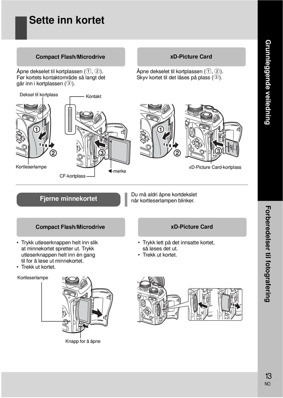 Grunnleggende veiledning 2 3 2 3 Kortleserlampe CF-kortplass -merke xd-picture Card-kortplass Fjerne minnekortet Compact Flash/Microdrive Trykk utløserknappen helt inn slik at minnekortet