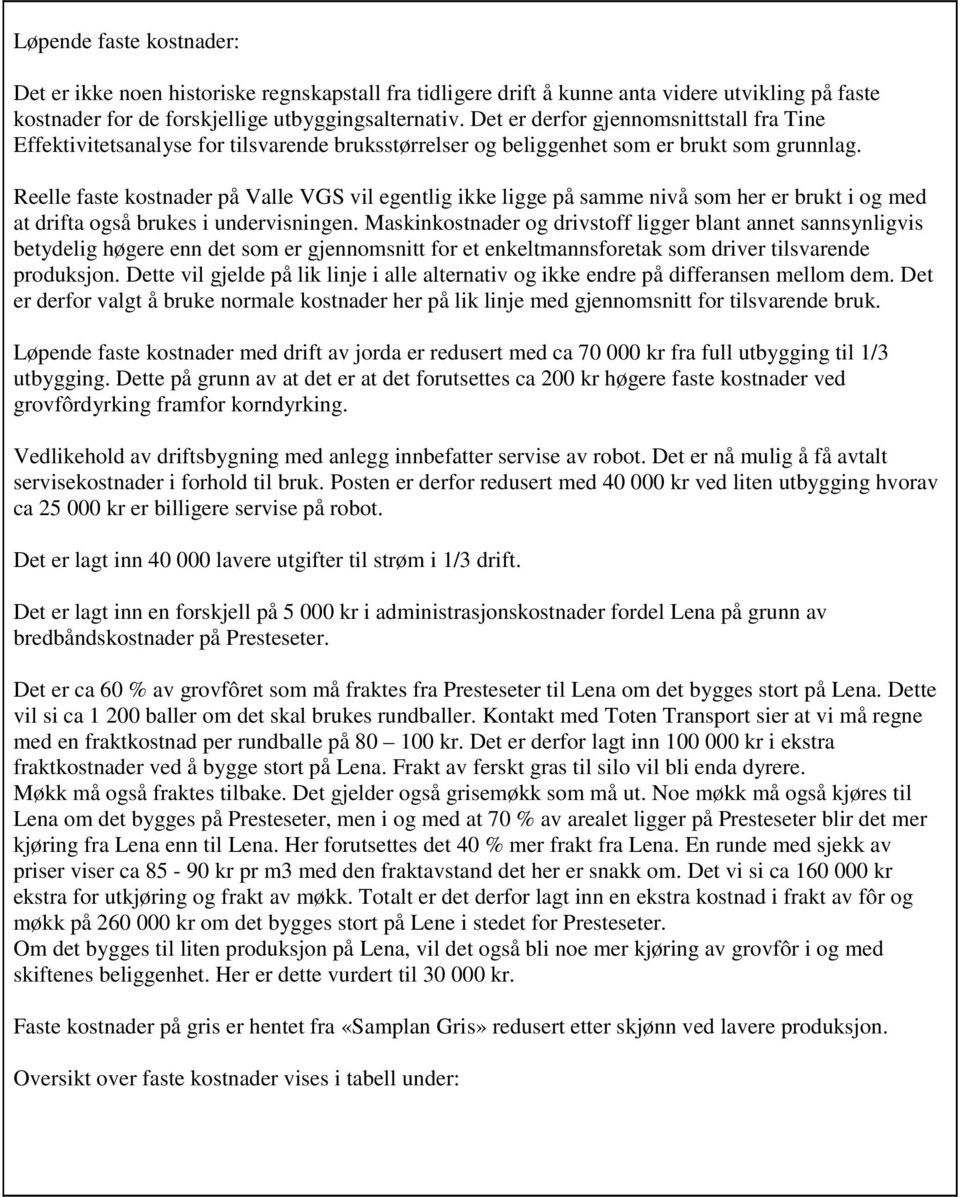 Reelle faste kostnader på Valle VGS vil egentlig ikke ligge på samme nivå som her er brukt i og med at drifta også brukes i undervisningen.