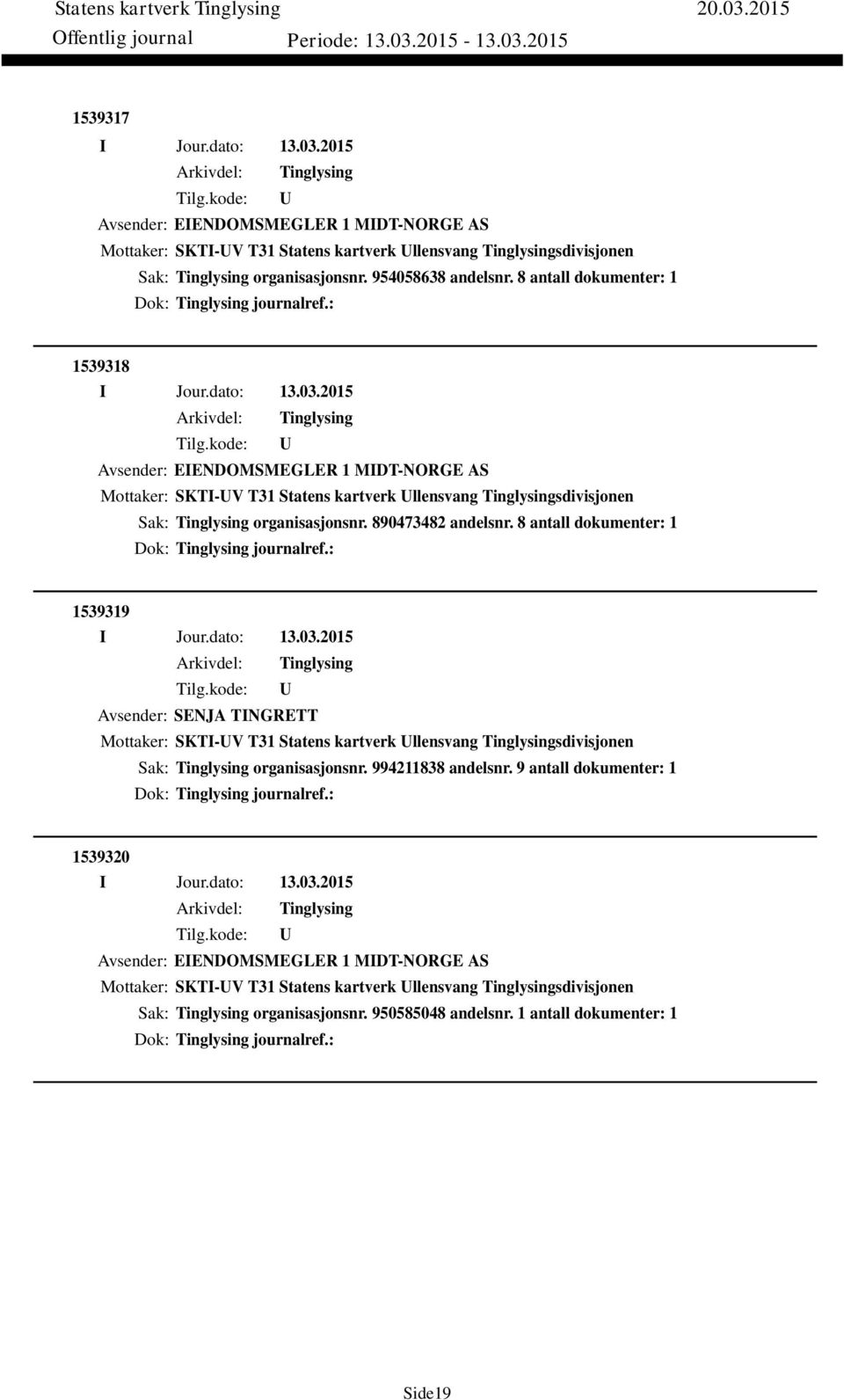 8 antall dokumenter: 1 Dok: journalref.: 1539319 Avsender: SENJA TINGRETT Mottaker: SKTI-V T31 Statens kartverk llensvang sdivisjonen Sak: organisasjonsnr. 994211838 andelsnr.