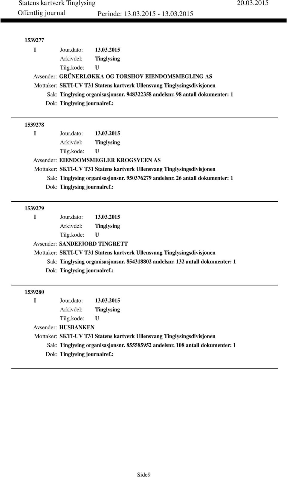 26 antall dokumenter: 1 Dok: journalref.: 1539279 Avsender: SANDEFJORD TINGRETT Mottaker: SKTI-V T31 Statens kartverk llensvang sdivisjonen Sak: organisasjonsnr. 854318802 andelsnr.