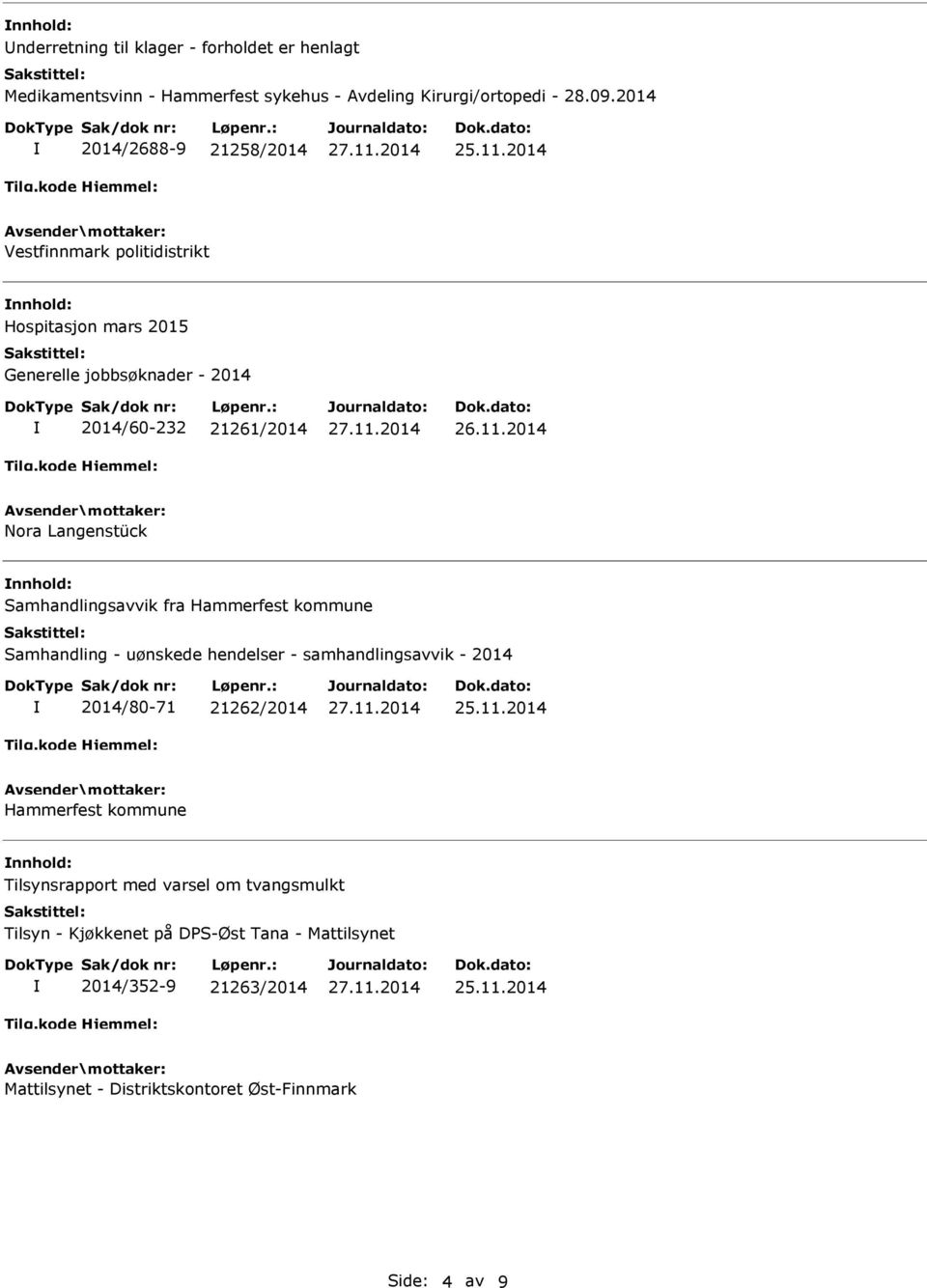 2014 Nora Langenstück nnhold: Samhandlingsavvik fra Hammerfest kommune Samhandling - uønskede hendelser - samhandlingsavvik - 2014 2014/80-71 21262/2014