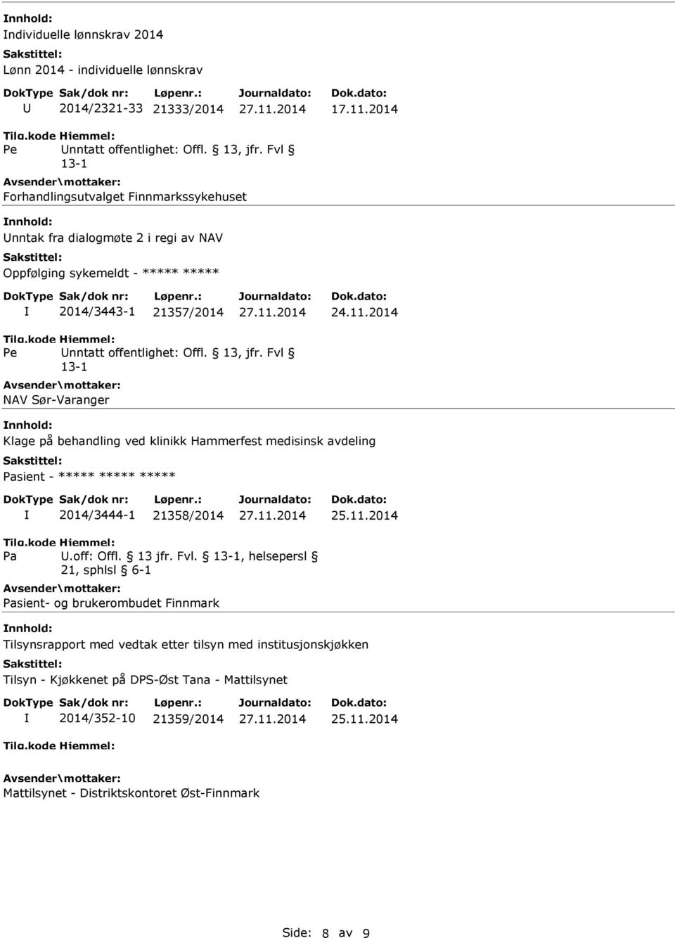 2014 NAV Sør-Varanger nnhold: Klage på behandling ved klinikk Hammerfest medisinsk avdeling sient - ***** ***** ***** 2014/3444-1 21358/2014 sient- og