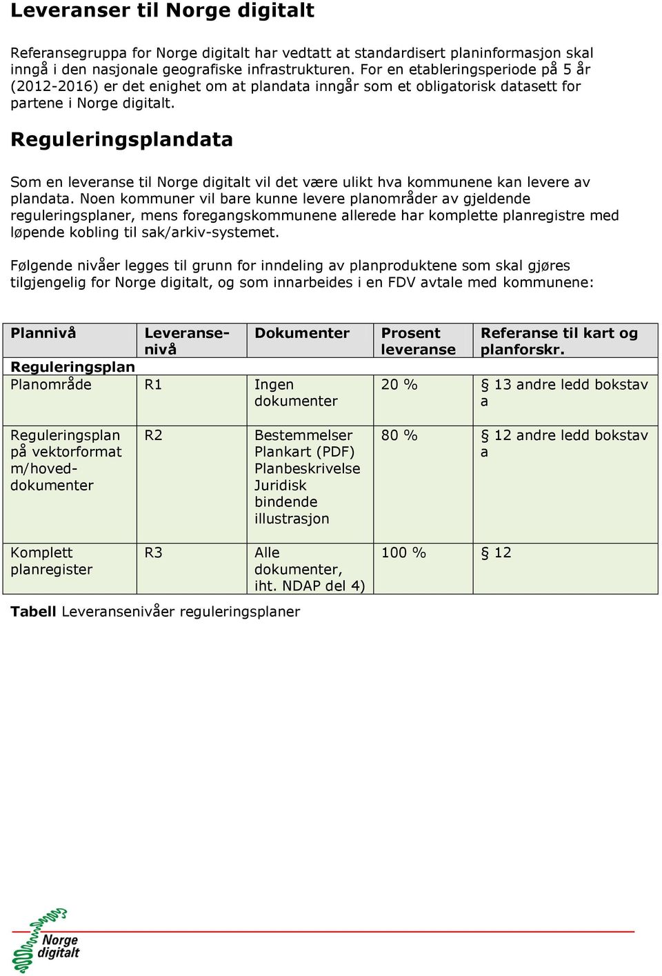 Reguleringsplandata Som en leveranse til Norge digitalt vil det være ulikt hva kommunene kan levere av plandata.