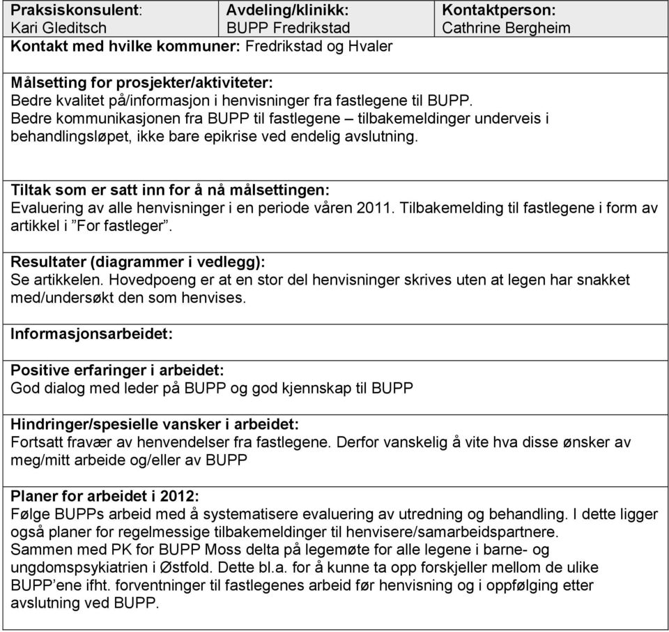 Tilbakemelding til fastlegene i form av artikkel i For fastleger. Se artikkelen. Hovedpoeng er at en stor del henvisninger skrives uten at legen har snakket med/undersøkt den som henvises.