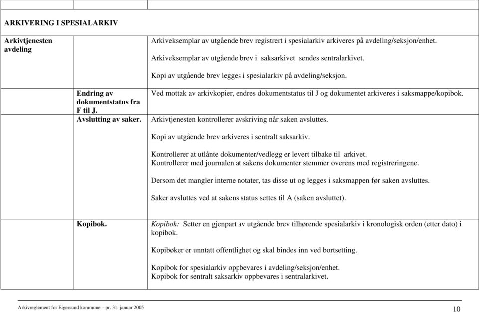 Ved mottak av arkivkopier, endres dokumentstatus til J og dokumentet arkiveres i saksmappe/kopibok. Arkivtjenesten kontrollerer avskriving når saken avsluttes.