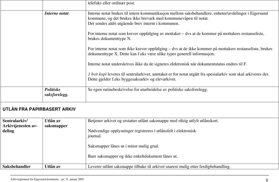 Det sendes aldri utgående brev internt i kommunen. For interne notat som krever oppfølging av mottaker dvs at de kommer på mottakers restanseliste, brukes dokumenttype N.