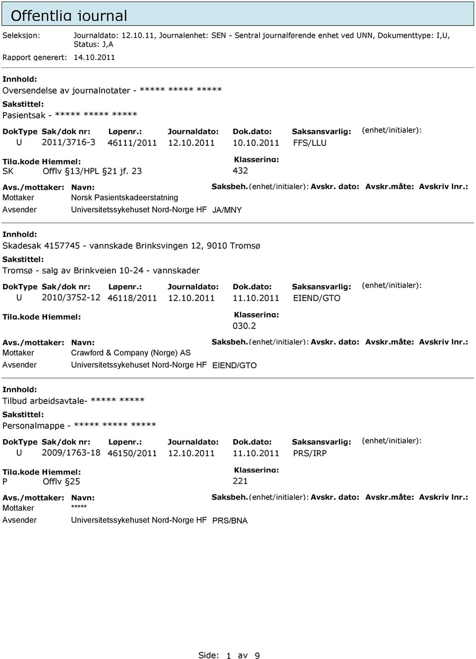 : Mottaker Norsk asientskadeerstatning niversitetssykehuset Nord-Norge HF JA/MNY Skadesak 4157745 - vannskade Brinksvingen 12, 9010 Tromsø Tromsø - salg av Brinkveien 10-24 - vannskader 2010/3752-12