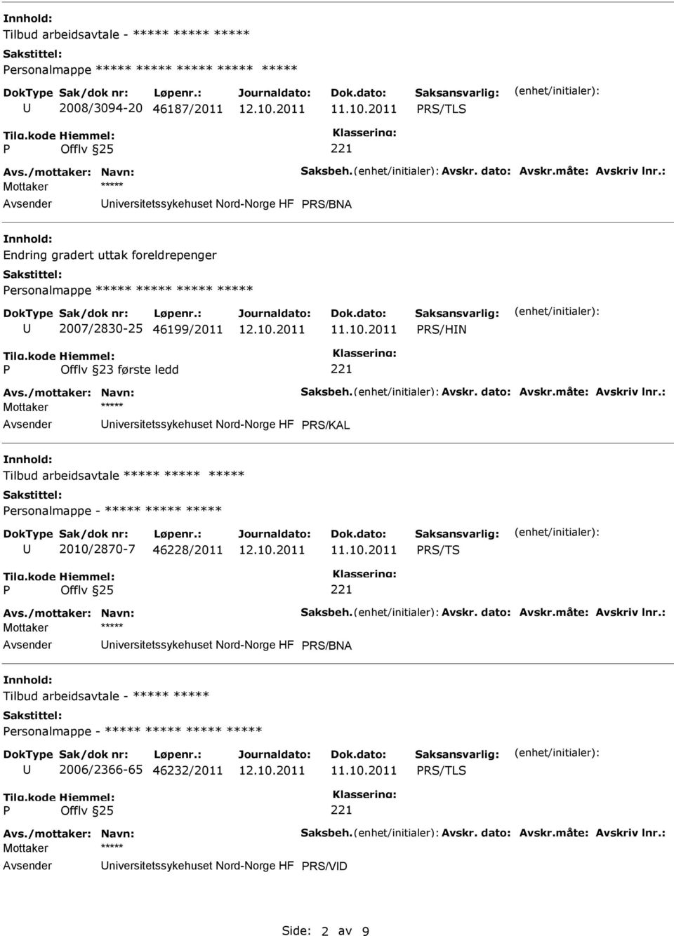 Avskr. dato: Avskr.måte: Avskriv lnr.: niversitetssykehuset Nord-Norge HF RS/KAL Tilbud arbeidsavtale ***** ***** ***** ersonalmappe - ***** ***** ***** 2010/2870-7 46228/2011 RS/TS Avs.