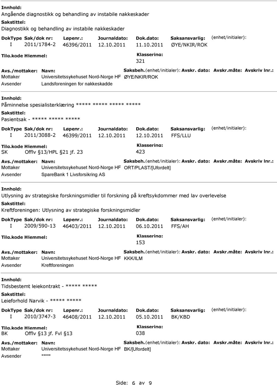 : Mottaker niversitetssykehuset Nord-Norge HF ØYE/NKR/ROK Landsforeningen for nakkeskadde åminnelse spesialisterklæring ***** ***** ***** ***** asientsak - ***** ***** ***** 2011/3088-2 46399/2011