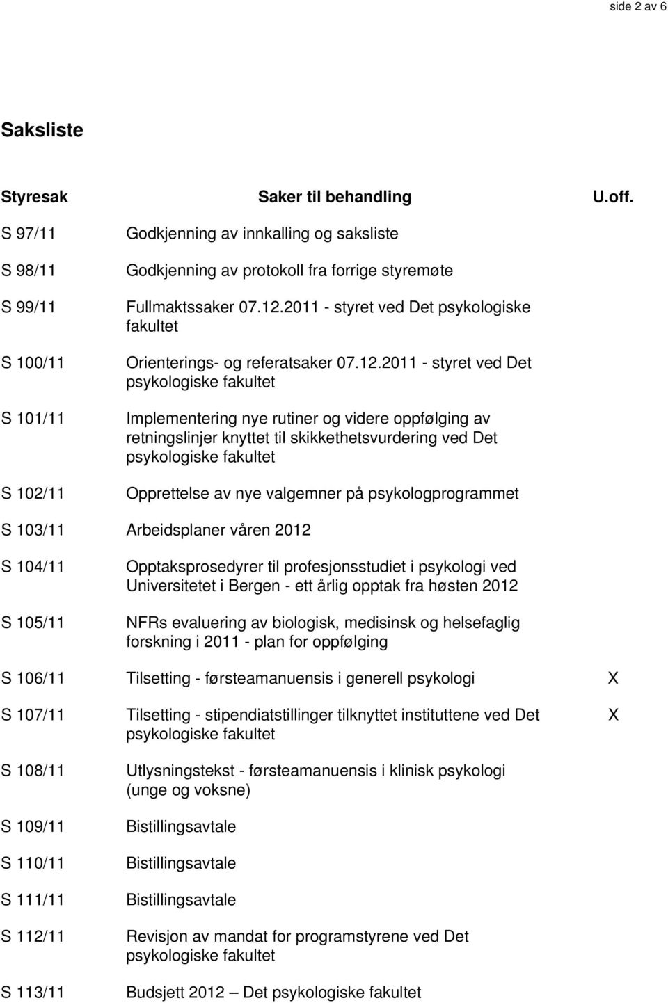 2011 - styret ved Det psykologiske fakultet Orienterings- og referatsaker 07.12.