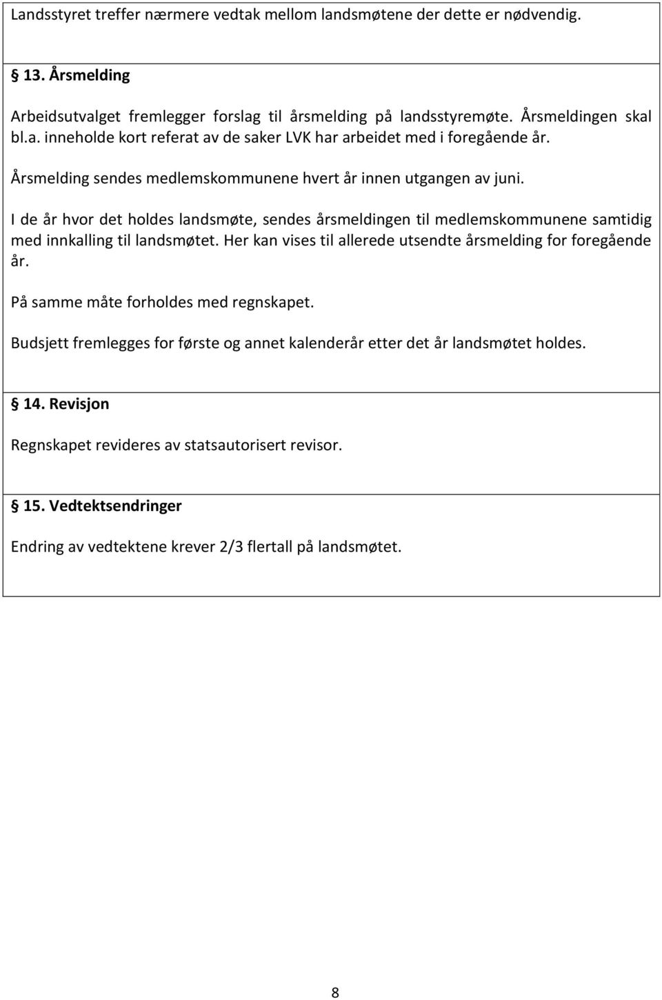 Her kan vises til allerede utsendte årsmelding for foregående år. På samme måte forholdes med regnskapet. Budsjett fremlegges for første og annet kalenderår etter det år landsmøtet holdes. 14.