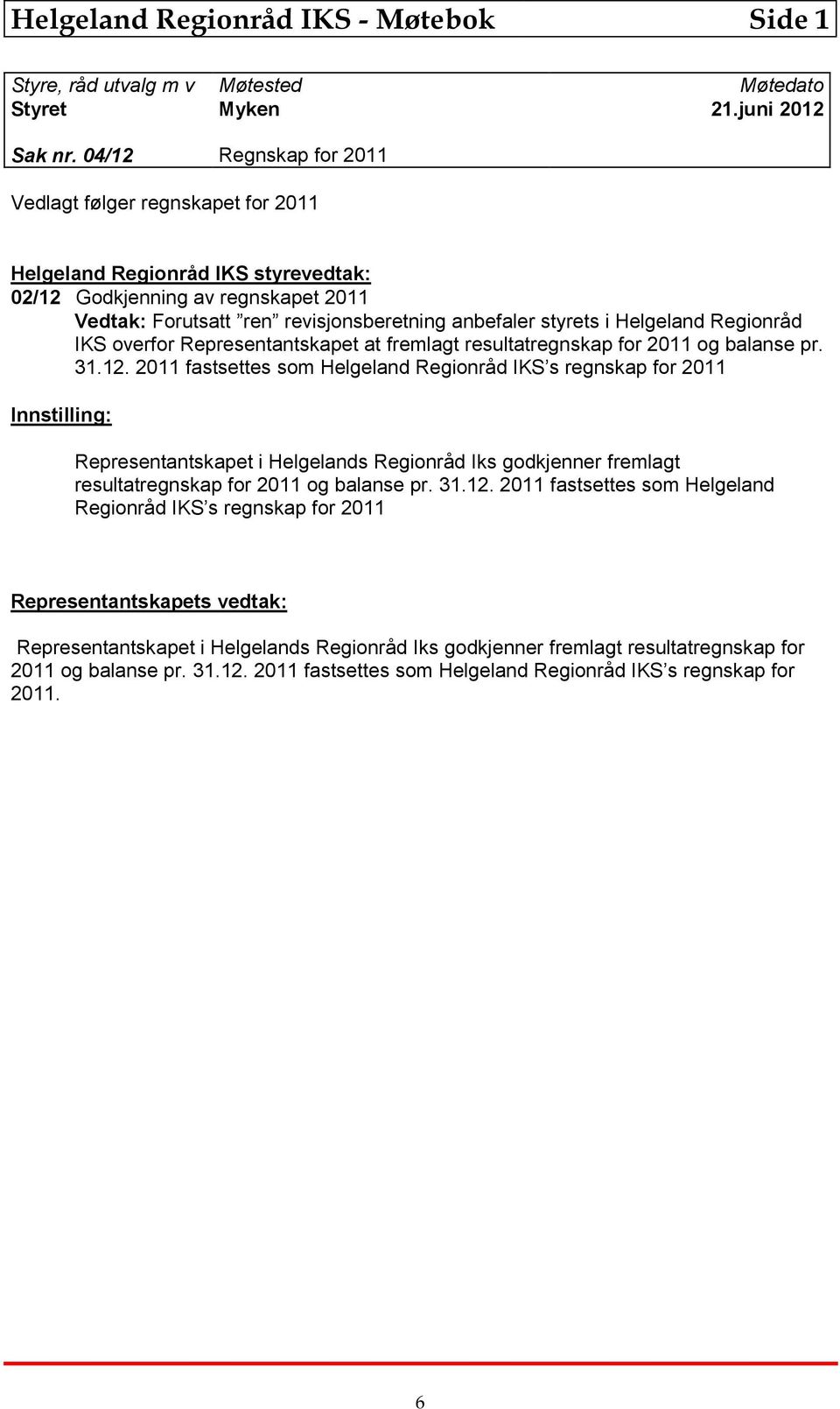 Helgeland Regionråd IKS overfor Representantskapet at fremlagt resultatregnskap for 2011 og balanse pr. 31.12.