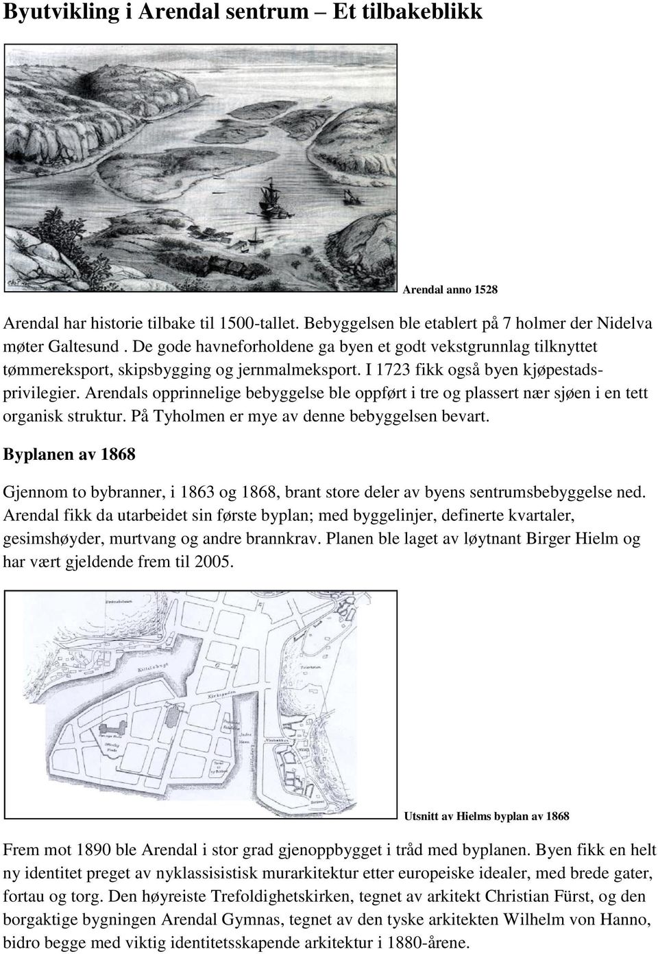 Arendals opprinnelige bebyggelse ble oppført i tre og plassert nær sjøen i en tett organisk struktur. På Tyholmen er mye av denne bebyggelsen bevart.