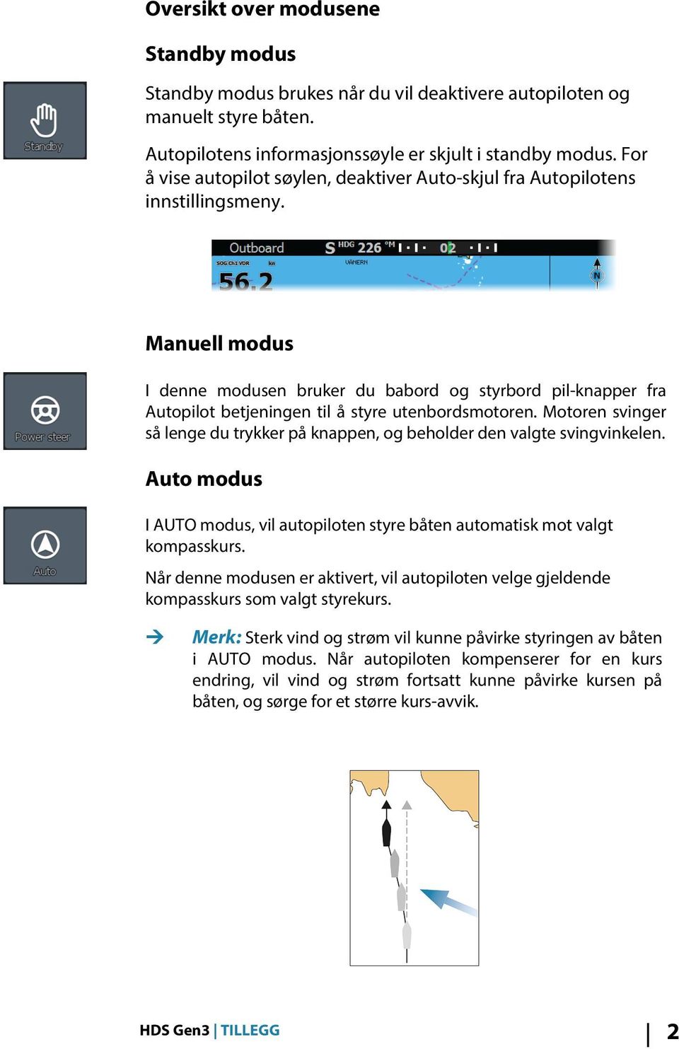 Manuell modus I denne modusen bruker du babord og styrbord pil-knapper fra Autopilot betjeningen til å styre utenbordsmotoren.