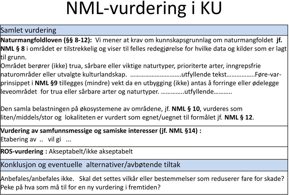 Området berører (ikke) trua, sårbare eller viktige naturtyper, prioriterte arter, inngrepsfrie naturområder eller utvalgte kulturlandskap..utfyllende tekst.