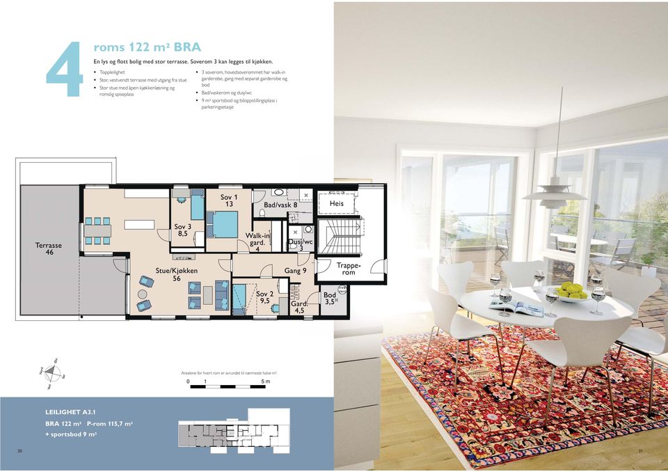 3 soverom, hovedsoverommet har walk-in garderobe, gang med separat garderobe og bod Bad/vaskerom og dusj/wc 9