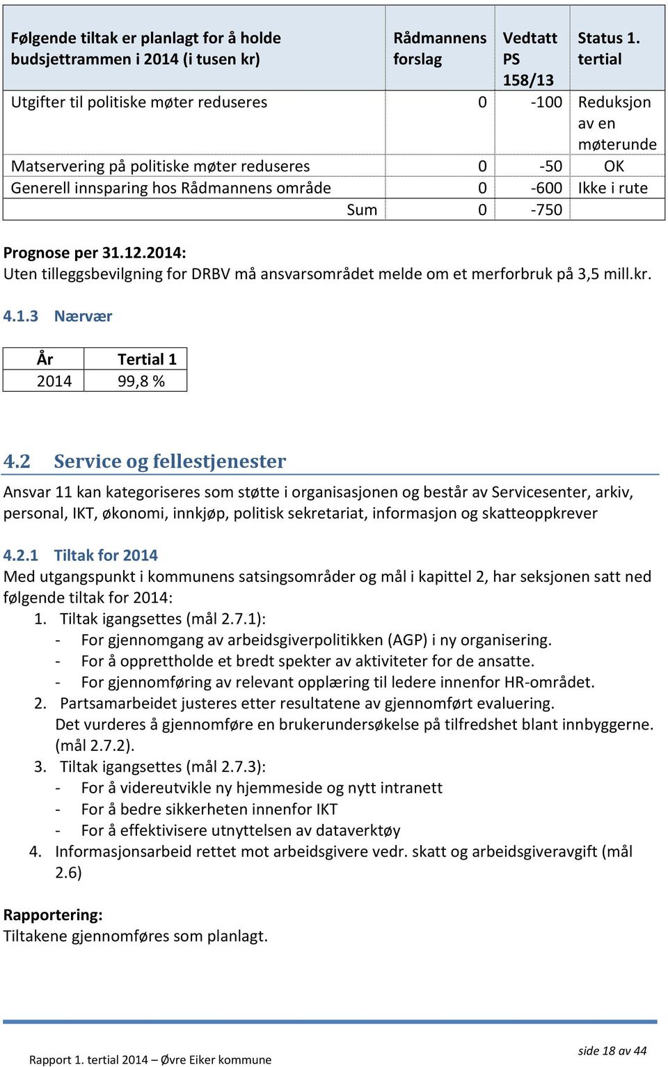 Prognose per 31.12.2014: Uten tilleggsbevilgning for DRBV må ansvarsområdet melde om et merforbruk på 3,5 mill.kr. 4.1.3 Nærvær År Tertial 1 2014 99,8 % 4.