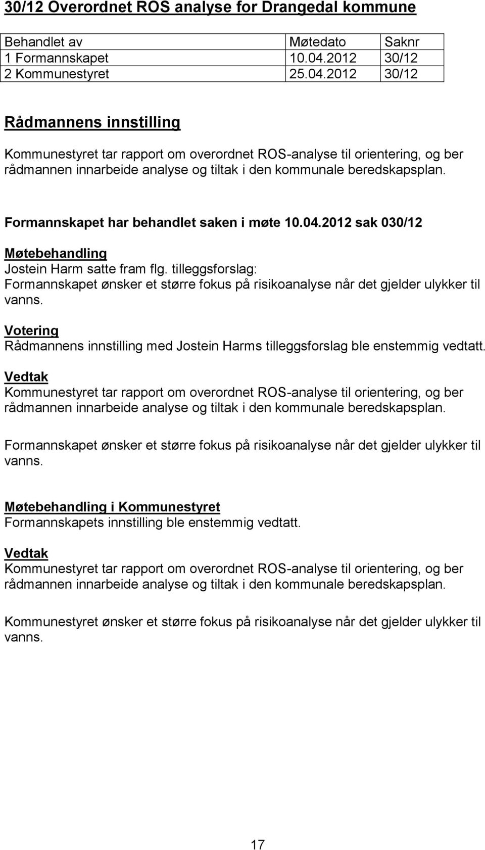 2012 30/12 Rådmannens innstilling Kommunestyret tar rapport om overordnet ROS-analyse til orientering, og ber rådmannen innarbeide analyse og tiltak i den kommunale beredskapsplan.