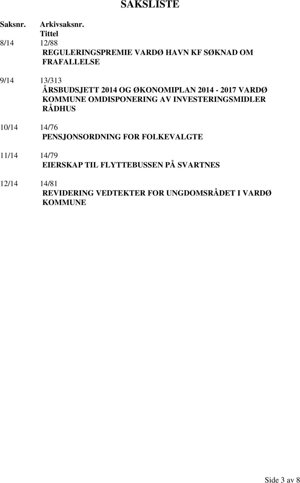 2014 OG ØKONOMIPLAN 2014-2017 VARDØ KOMMUNE OMDISPONERING AV INVESTERINGSMIDLER RÅDHUS 10/14