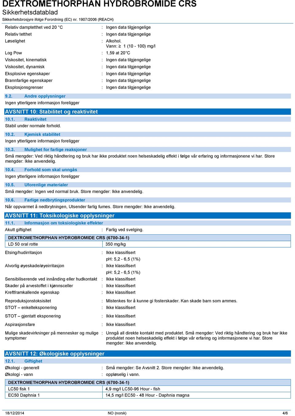 1. Reaktivitet Stabil under normale forhold. 10.2. Kjemisk stabilitet 10.3.