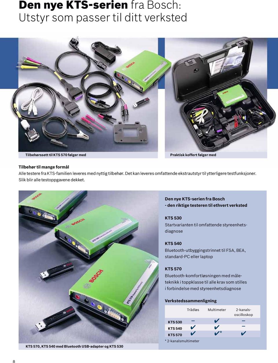 Den nye KTS-serien fra Bosch - den riktige testeren til ethvert verksted KTS 530 Startvarianten til omfattende styreenhetsdiagnose KTS 540 Bluetooth-utbyggingstrinnet til FSA, BEA, standard-pc eller