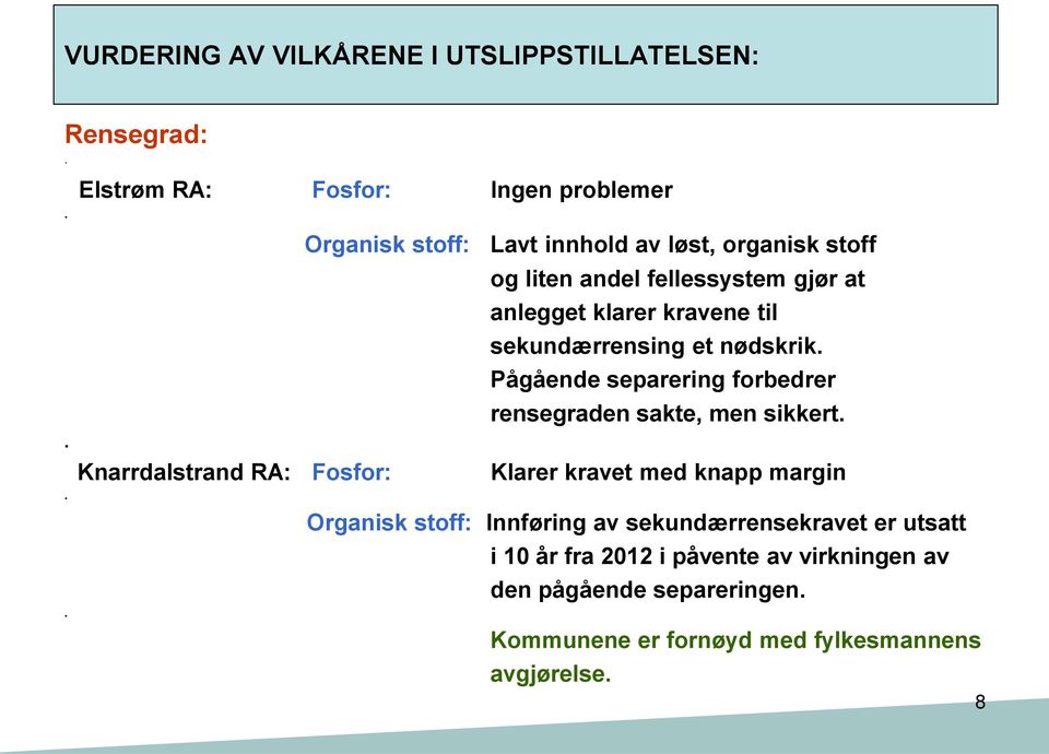 forbedrer rensegraden sakte, men sikkert Knarrdalstrand RA: Fosfor: Klarer kravet med knapp margin Organisk stoff: Innføring av