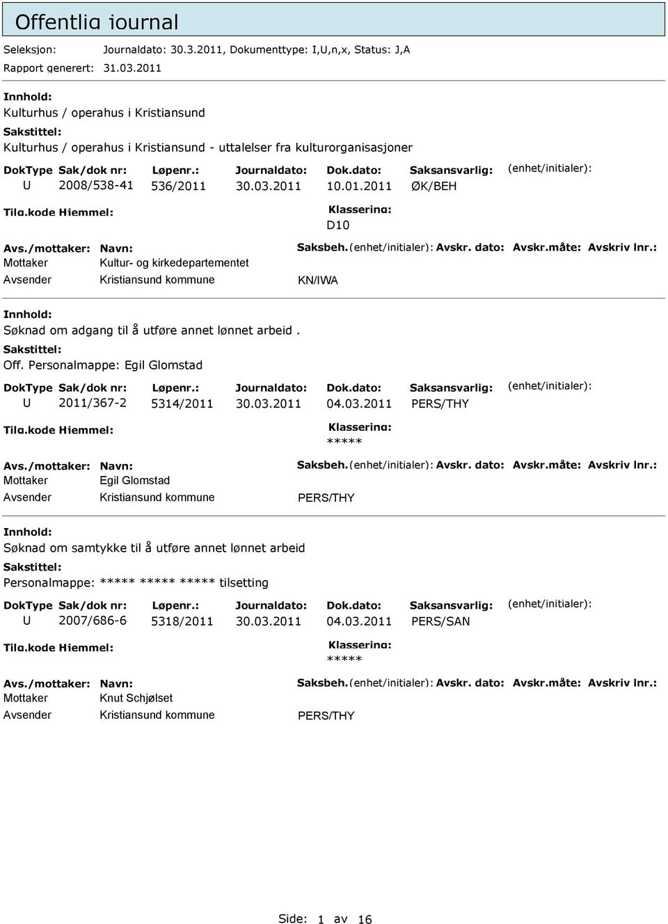 dato: Avskr.måte: Avskriv lnr.: Mottaker Kultur- og kirkedepartementet KN/WA Søknad om adgang til å utføre annet lønnet arbeid. Off. Personalmappe: gil Glomstad 2011/367-2 5314/2011 04.03.