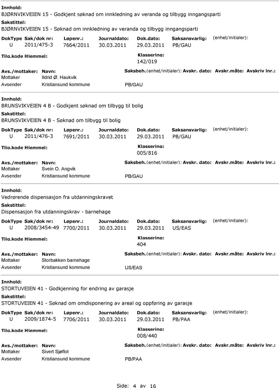 Haukvik PB/GA BRNSVKVN 4 B - Godkjent søknad om tilbygg til bolig BRNSVKVN 4 B - Søknad om tilbygg til bolig 2011/476-3 7691/2011 PB/GA 005/816 Avs./mottaker: Navn: Saksbeh. Avskr. dato: Avskr.