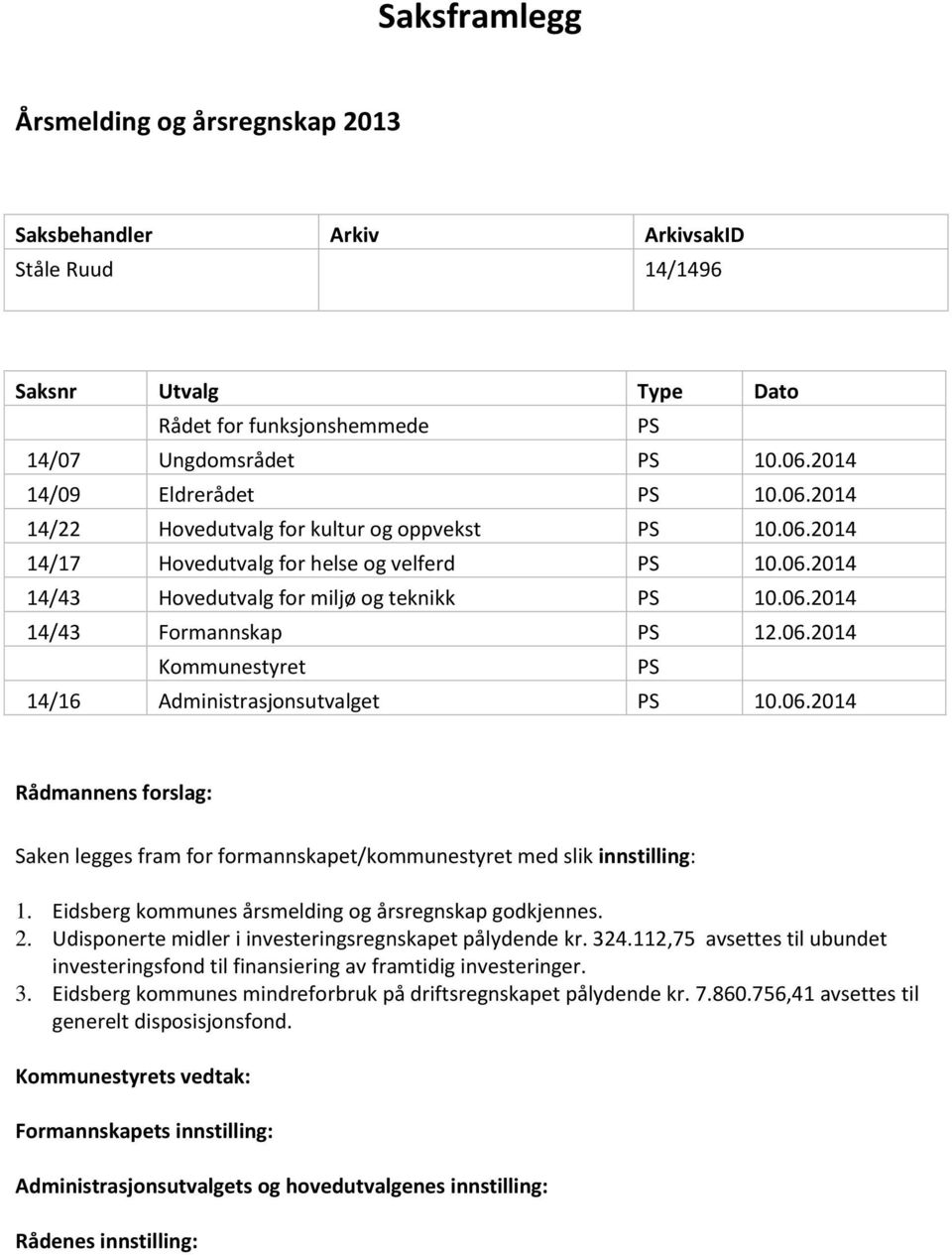 06.2014 Kommunestyret 14/16 Administrasjonsutvalget 10.06.2014 Rådmannens forslag: Saken legges fram for formannskapet/kommunestyret med slik innstilling: 1.