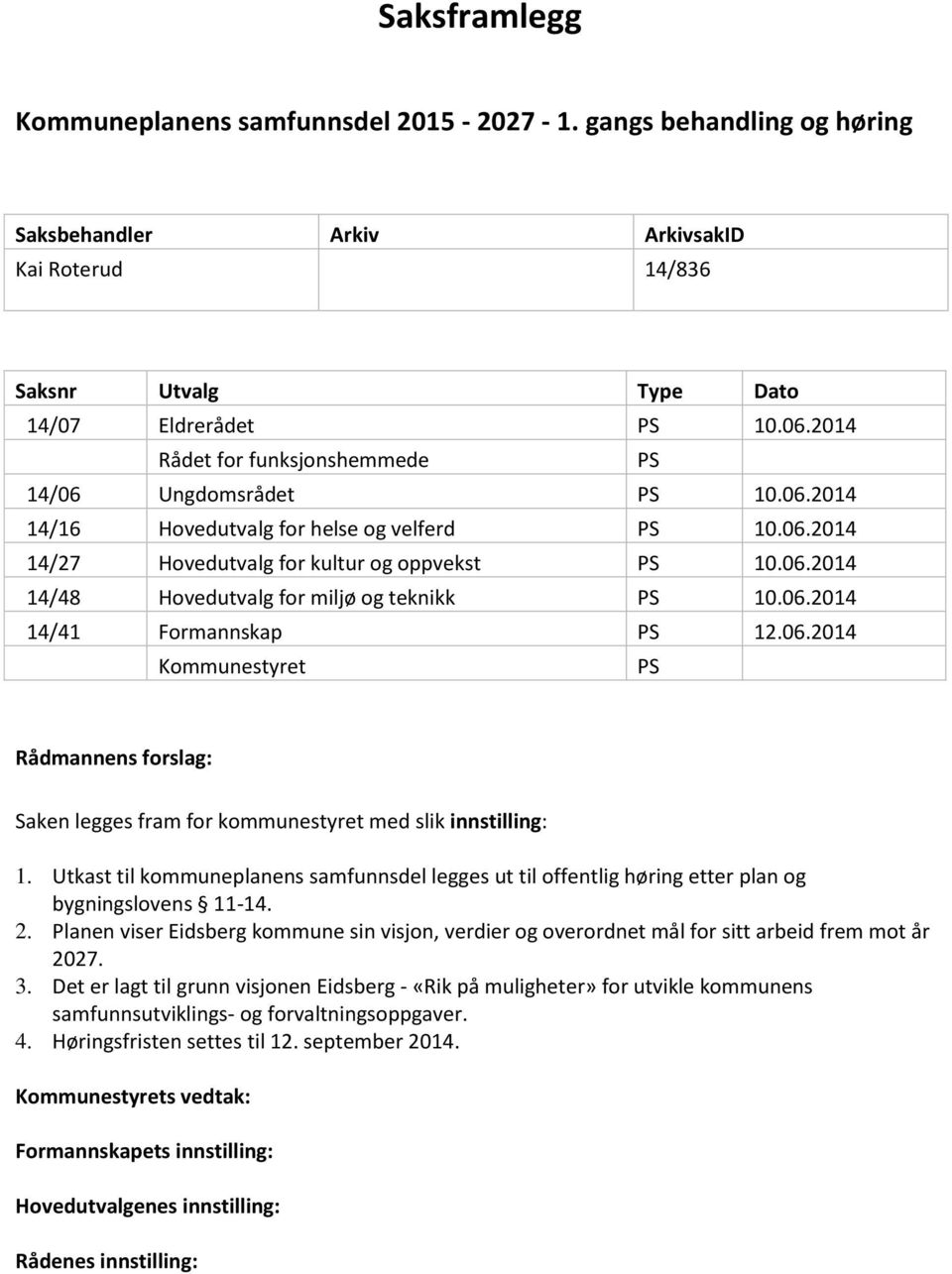 06.2014 14/41 Formannskap 12.06.2014 Kommunestyret Rådmannens forslag: Saken legges fram for kommunestyret med slik innstilling: 1.