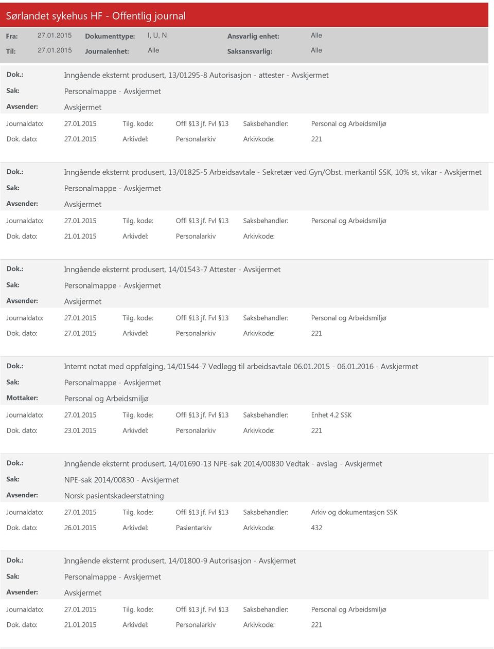 2015 Personalarkiv Inngående eksternt produsert, 14/01543-7 Attester - Personalmappe - Personalarkiv 221 Internt notat med oppfølging, 14/01544-7 Vedlegg til arbeidsavtale 06.01.2015-06.01.2016 - Personalmappe - Enhet 4.