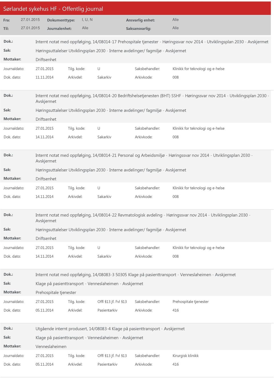 11.2014 008 Internt notat med oppfølging, 14/08014-20 Bedriftshelsetjenesten (BHT) SSHF - Høringssvar nov 2014 - tviklingsplan 2030 - Høringsuttalelser tviklingsplan 2030 - Interne avdelinger/