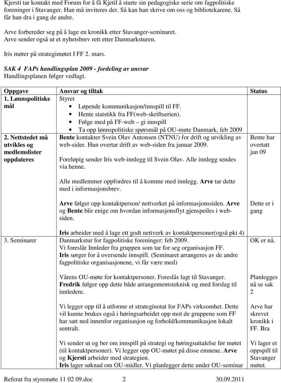 mars. SAK 4 FAPs handlingsplan 2009 - fordeling av ansvar Handlingsplanen følger vedlagt. Oppgave Ansvar og tiltak Status 1. Lønnspolitiske mål Styret Løpende kommunikasjon/innspill til FF.