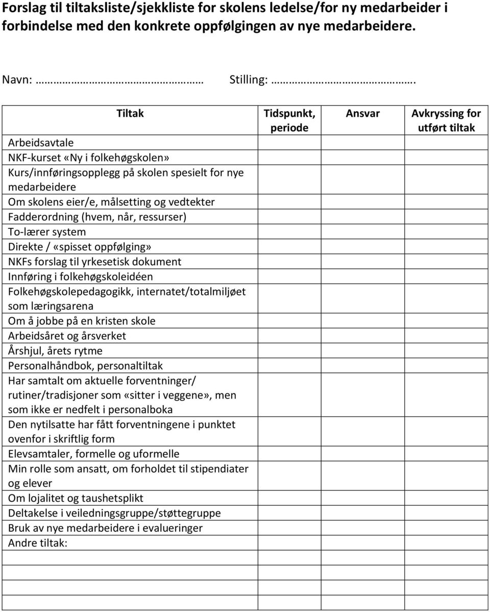 To-lærer system Direkte / «spisset oppfølging» NKFs forslag til yrkesetisk dokument Innføring i folkehøgskoleidéen Folkehøgskolepedagogikk, internatet/totalmiljøet som læringsarena Om å jobbe på en