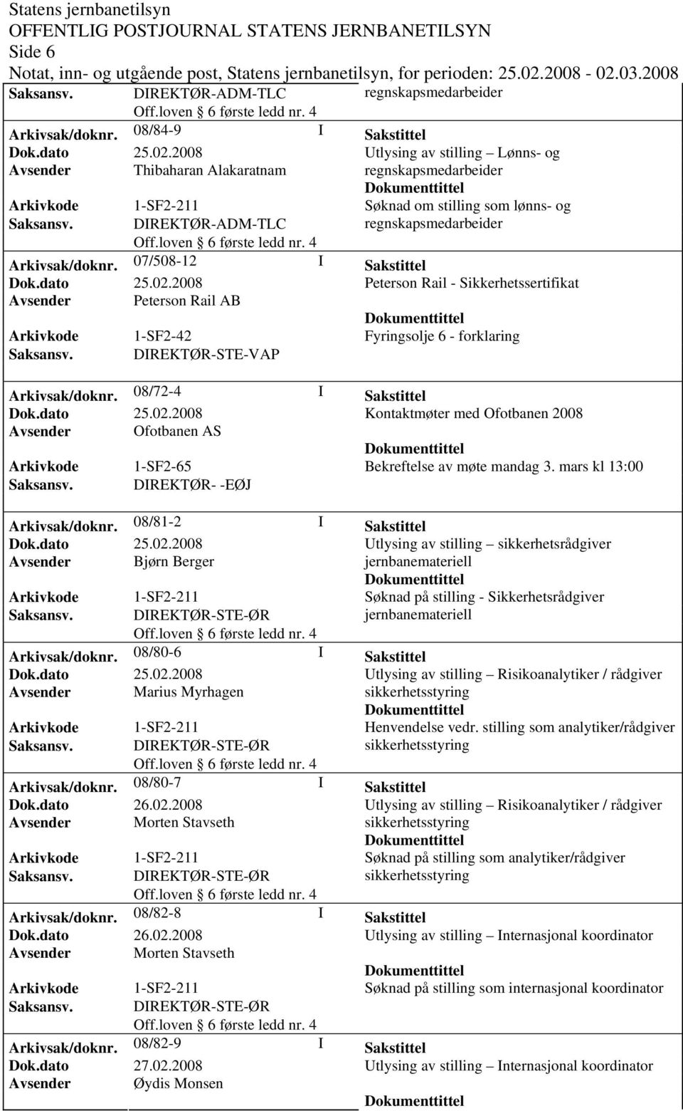 08/72-4 I Sakstittel Kontaktmøter med Ofotbanen 2008 Avsender Ofotbanen AS Arkivkode 1-SF2-65 Bekreftelse av møte mandag 3. mars kl 13:00 Saksansv. DIREKTØR- -EØJ Arkivsak/doknr.