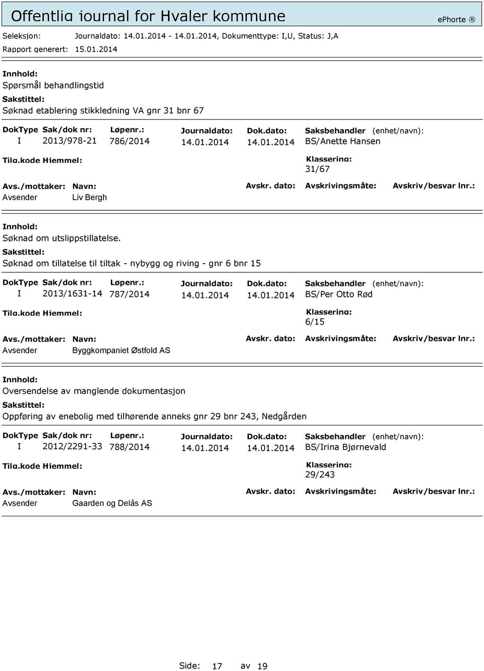 Søknad om tillatelse til tiltak - nybygg og riving - gnr 6 bnr 15 2013/1631-14 787/2014 BS/Per Otto Rød 6/15 Avsender Byggkompaniet