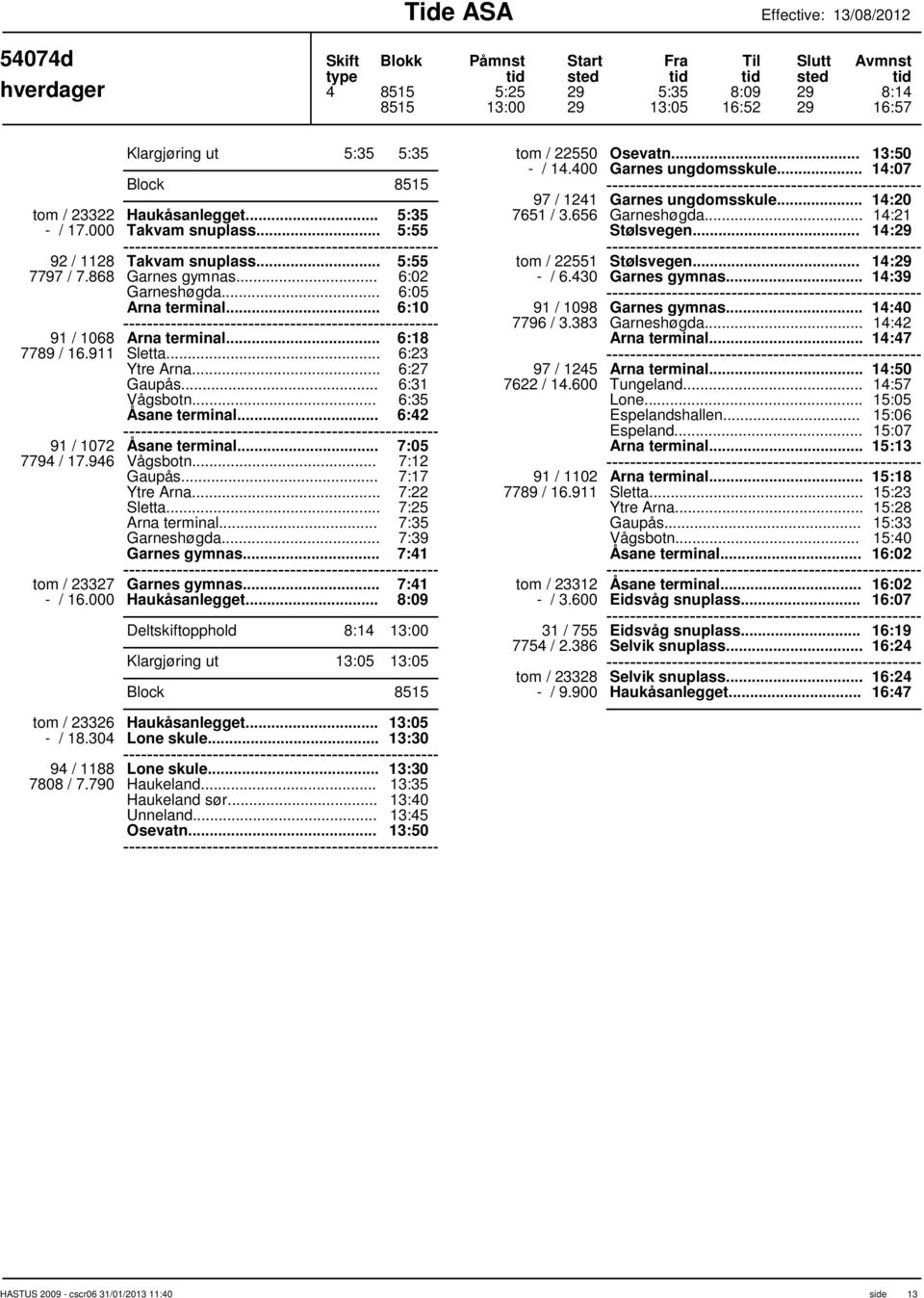 .. 6:18 6:23 6:27 6:31 6:35 6:42 91 / 1072 7:05 7794 / 17.946 7:12 7:17 Sletta... 7:22 7:25 Arna terminal... 7:35 7:39 Garnes gymnas... 7:41 tom / 23327 Garnes gymnas... 7:41 - / 16.