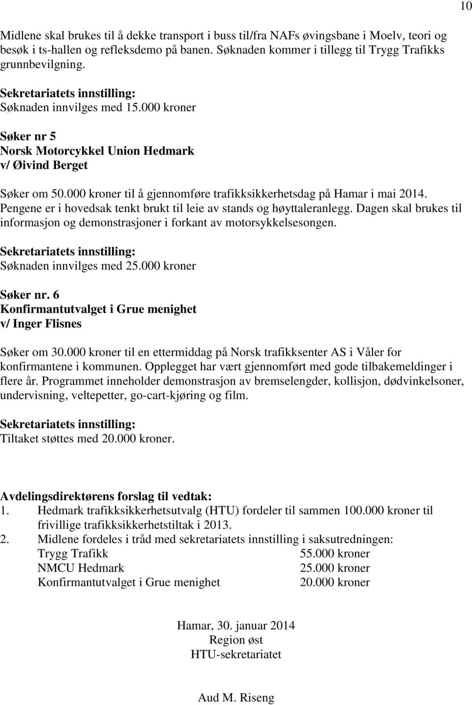 000 kroner til å gjennomføre trafikksikkerhetsdag på Hamar i mai 2014. Pengene er i hovedsak tenkt brukt til leie av stands og høyttaleranlegg.